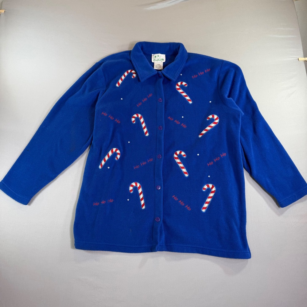 Quacker Factory Fleece Jacket Womens Large Blue Candy Cane Christmas Ho Ho Ho